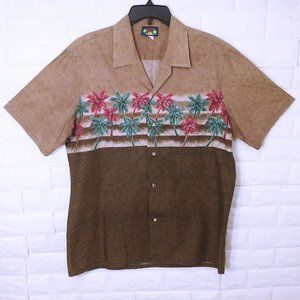 Vintage 80s Hawaii Blues Aloha Shirt -L Pocket Open Collar Tropical Palm Brown